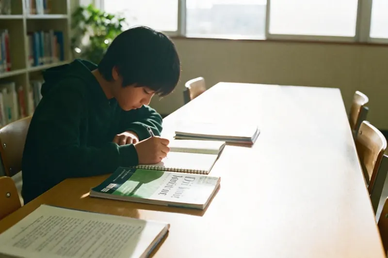 明亮教室里低头写字的学生